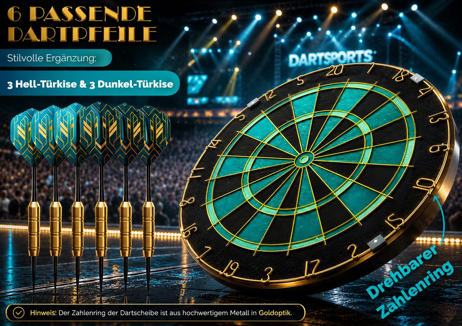 Dartscheibe Dartboard Sisal Professionell Türkis mit Goldener Zahlenring & Pfeilen - Profi Steeldartscheibe - Dart Scheibe Target mit 6 Dartpfeilen Metallspitze golddart Flight Barrels shafts schäfte 3