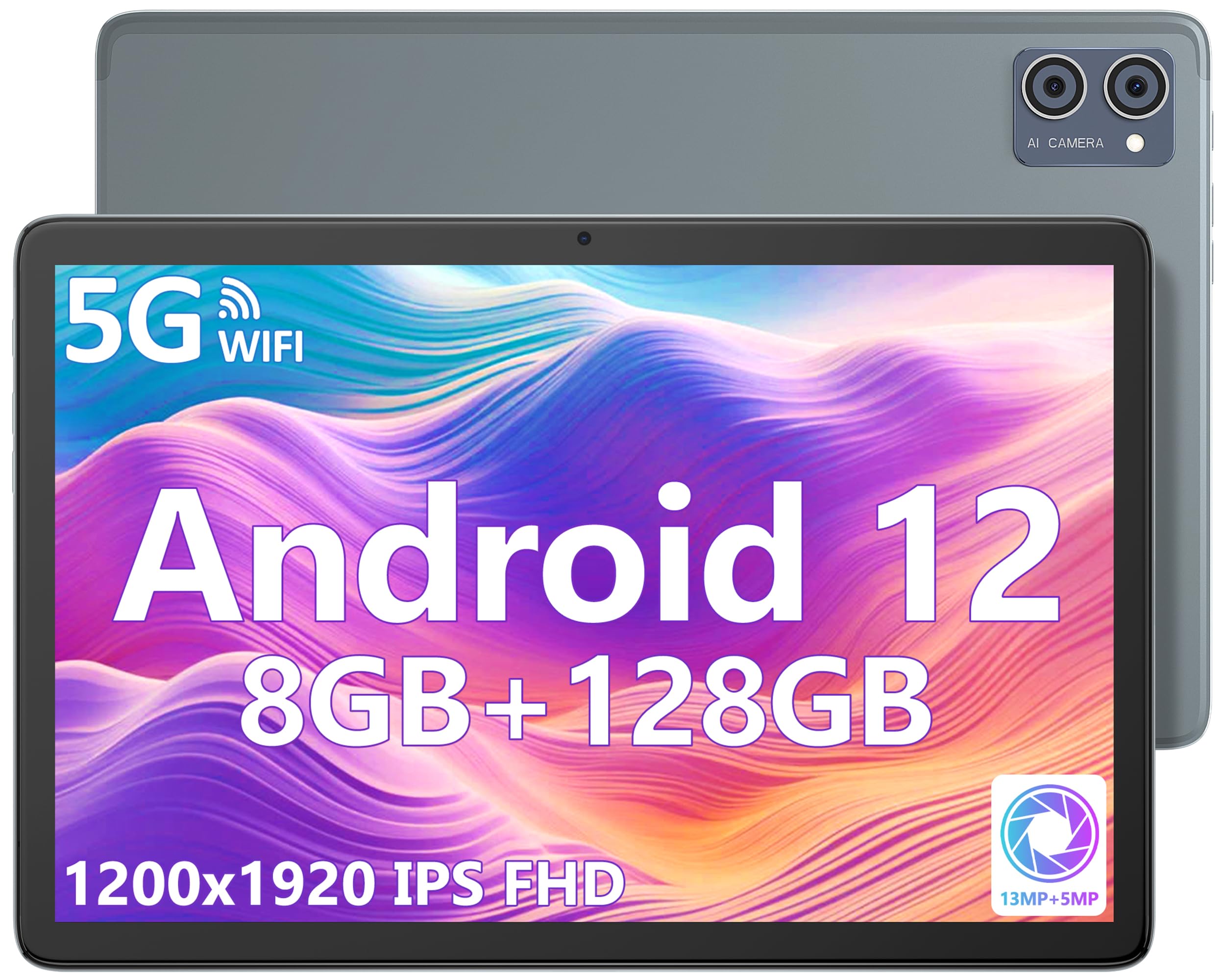 jumper 10 Inch Tablet, Android 12 Tablets with 2.0GHz Octa-Core Processor, 8GB RAM 128GB Storage, Full HD IPS Touch Screen, 13+5MP Dual Camera, Dual Speakers, 6000mAh Battery, Bluetooth5.0, GPS.