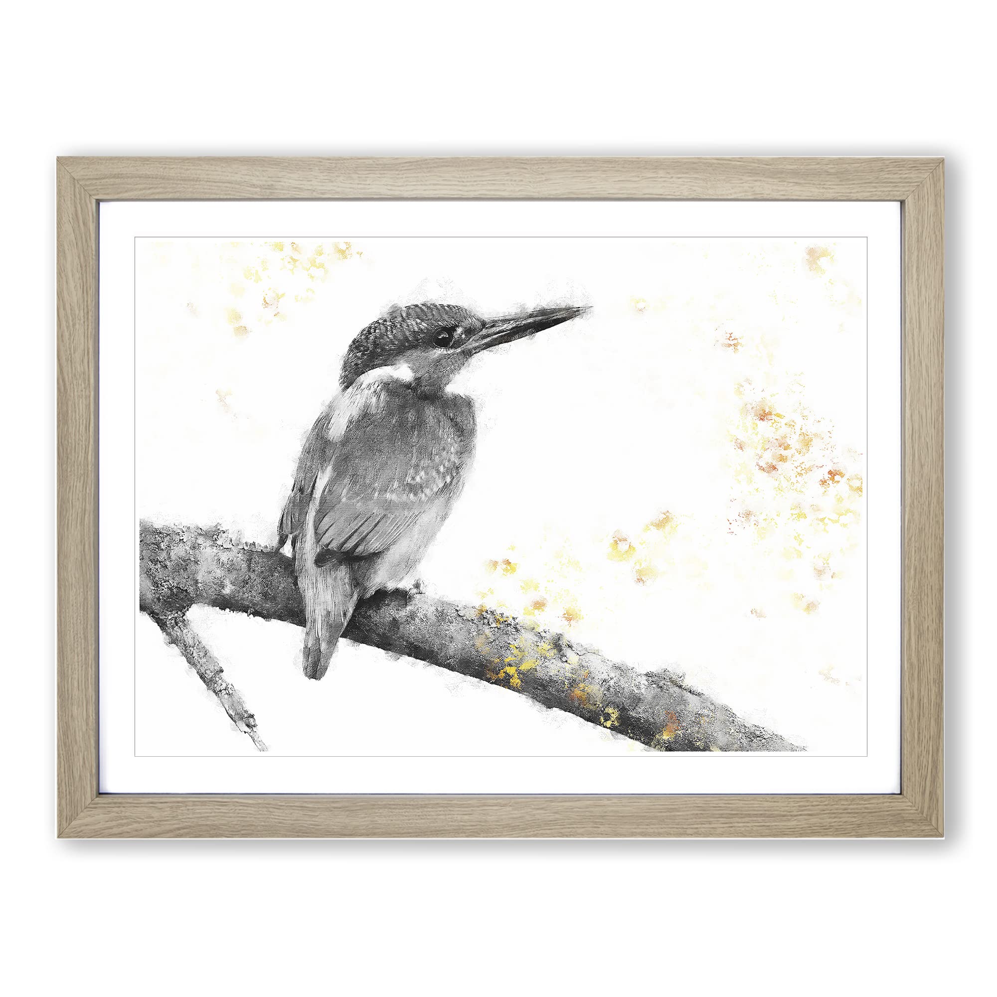 Kingfisher Bird On A Branch Painting Modern Art Framed Print | A4 Oak Framed Wall Art | Ready to Hang | Modern Historical Picture | Living Room Bedroom Lounge Office