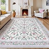 Lahome Vintage Floral Washable Purple Rugs 8x10 Non Slip Low Pile Soft Large Area Rug for Girls Bedroom Kids Nursery Living Room Boho Farmhouse Carpet Dining Room Home Decoration