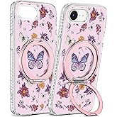 Loheckle for iPhone 16e Case with Stand- Compatible with MagSafe Women Girls Cute Girly Unique Design Soft TPU Magnetic Ring Phone Cover for Apple 16 e, Butterfly Flower