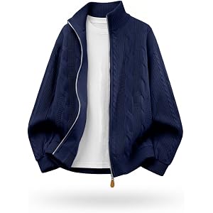JMIERR Mens Zip Up Cable Knit Cardigan Sweater Stand Collar Warm Tops | Cable texture, hand pockets, soft warm stretch blend,