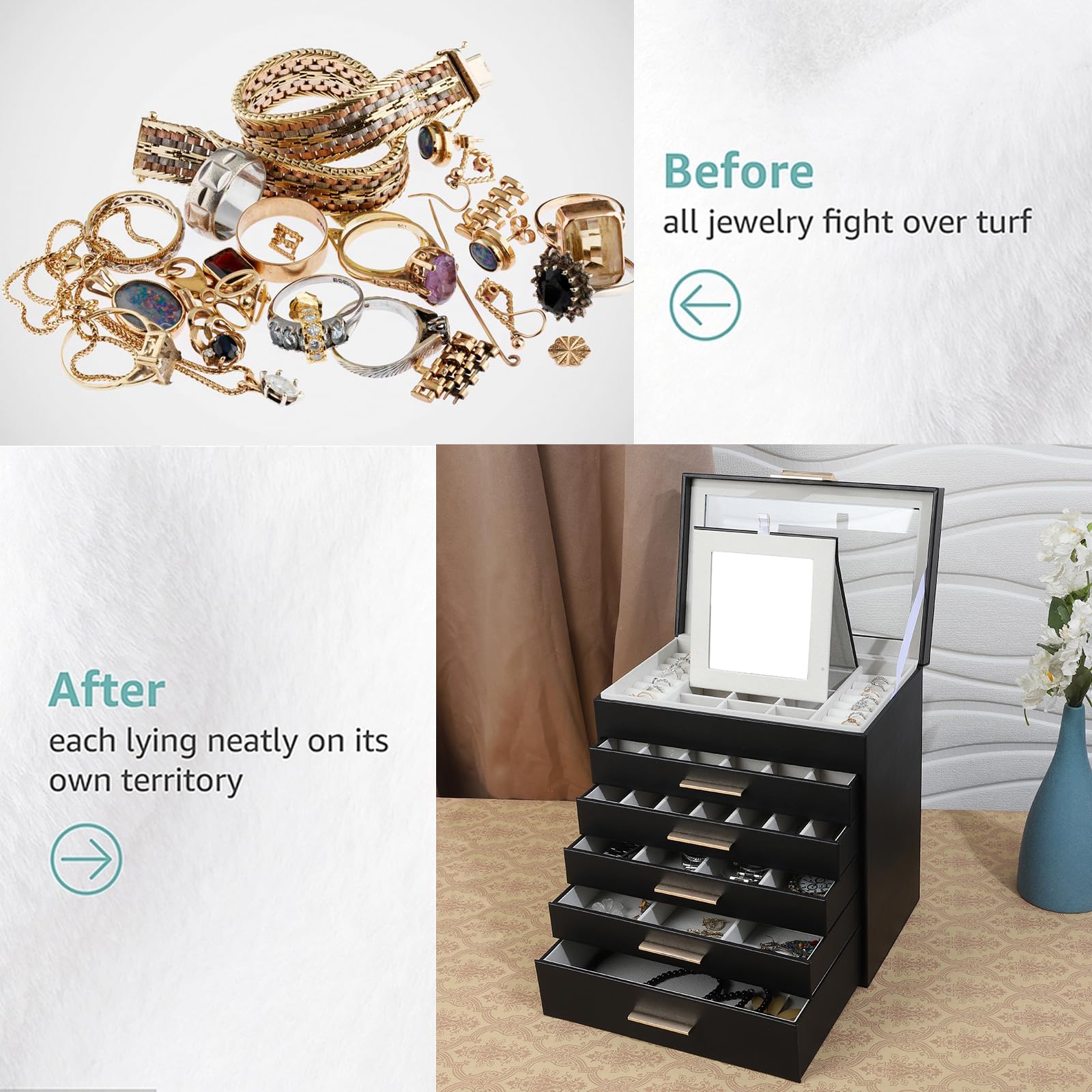 BOOVO BOOVO Jewelry Box for Women, Black 6 Layer Large Jewelry Organizer with Glass Lid for Necklace, Bracelet, Earrings, Rings Storage, Jewelry Organizers and Storage for Girls Gift (Clear Black, 6 layer)