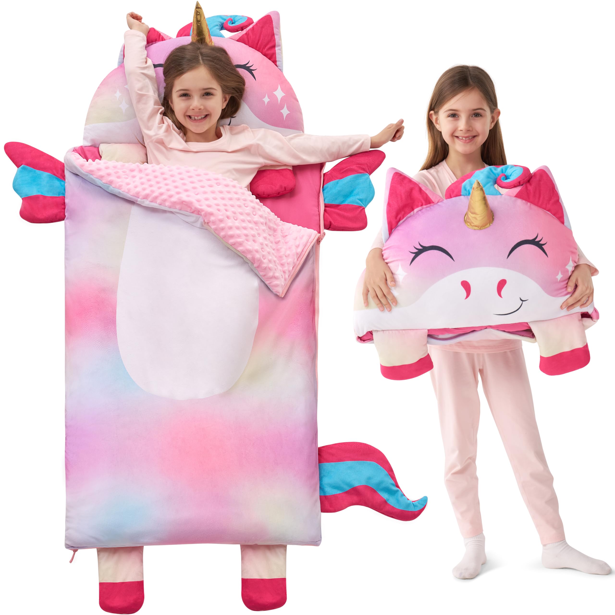 JOIEDOMI Colored Unicorn Toddler Nap Mat with Pillow & Blanket - 60" x 39" for Kids Ages 3+ - Nap Mat for Preschool - Kids Sleeping Bag- Soft Plush Sleeping Mat - for Kindergarten Daycare