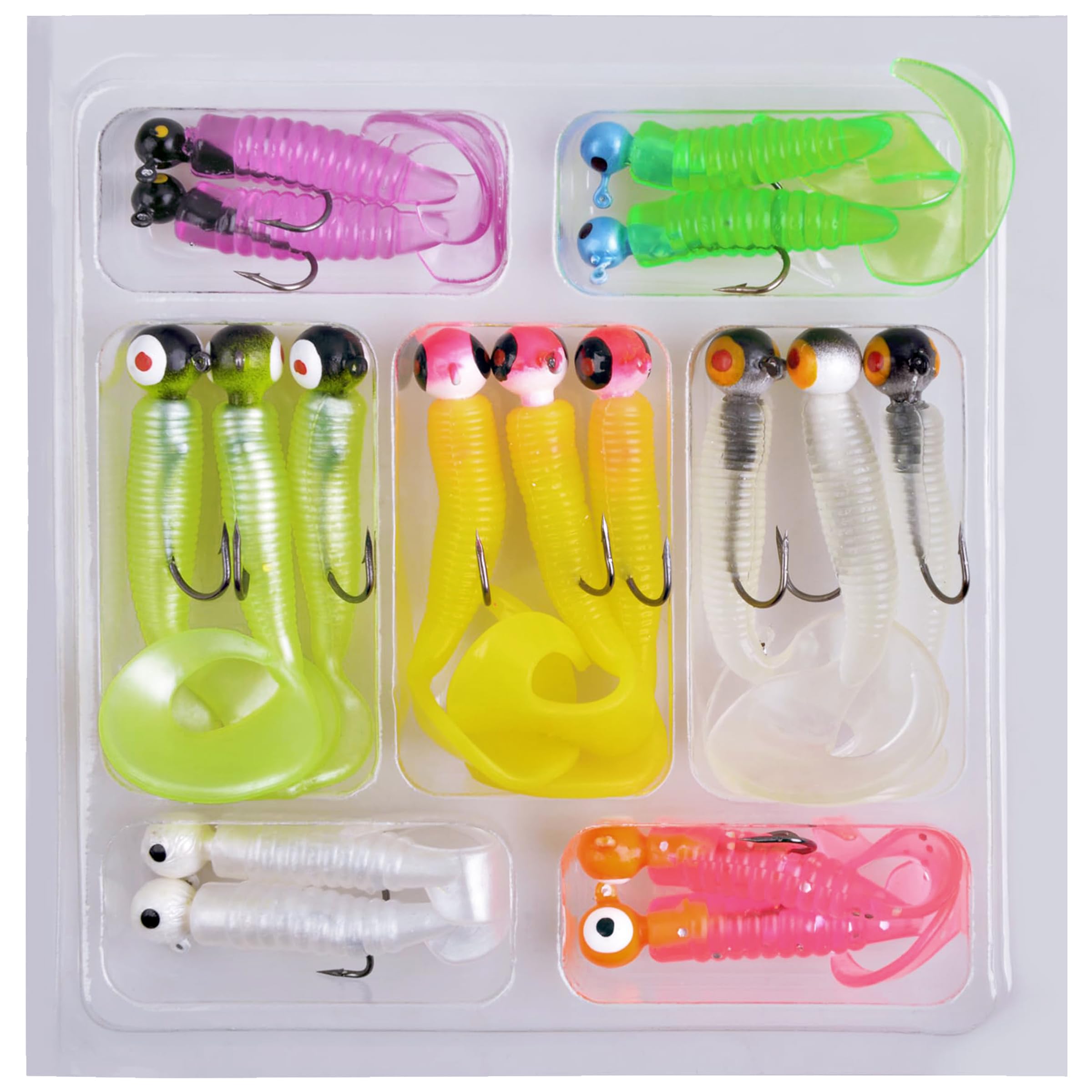 Soft Fishing Lures Jig Head Hooks Kit, Crappie Jigs Heads Curly Grub Lures Tube Bait Jigs Mixed Color Soft Plastic Worm Swimbaits Tube Jigs Tackle for Bass Trout Saltwater Freshwater Fishing
