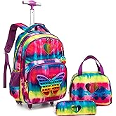 Meetbelify Rolling Backpack for Girls School Bag with Wheels for Elementary Student Kids Cute Travel Luggage with Lunch Box Pencil Case for Girls 8-10