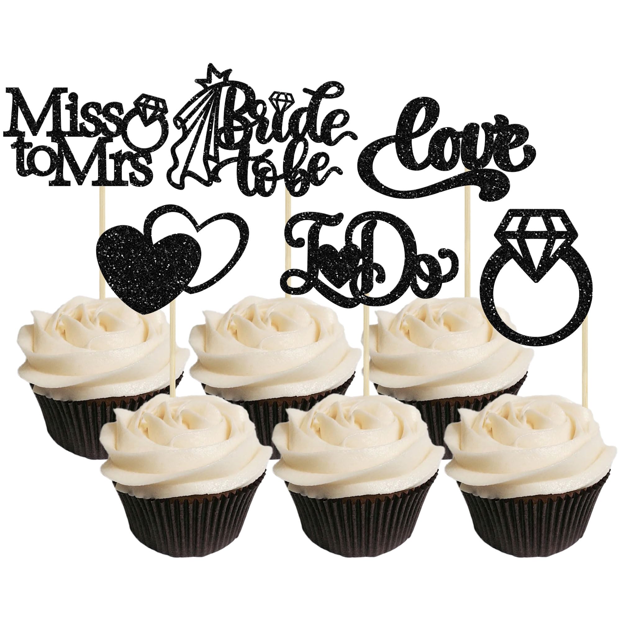 Gyufise 24Pcs Bride to Be Cupcake Toppers Black Glitter I Do Love Heart Ring Miss To Mrs Cupcake Picks Bridal Shower Cake Decorations for Wedding Engagement Bachelorette Party Supplies