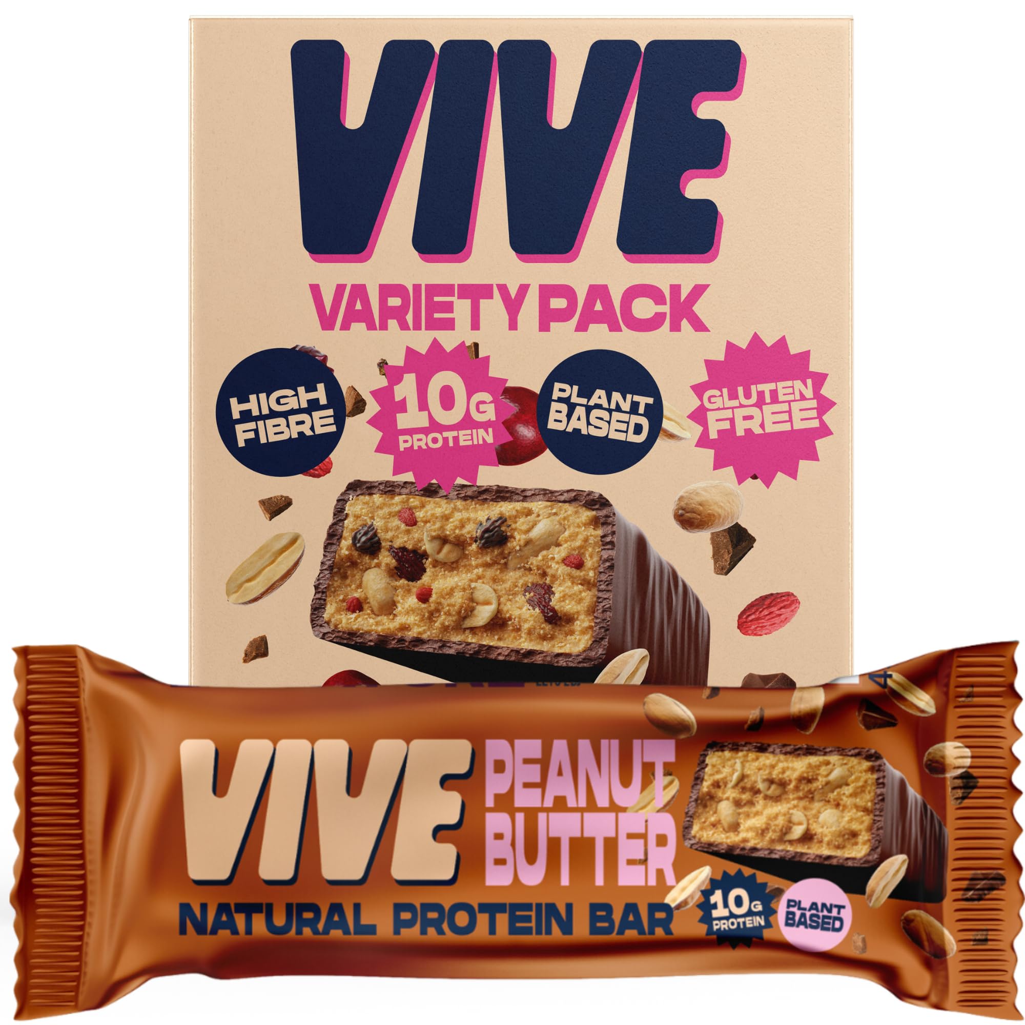 Vive Natural Variety Pack High Protein Bar - Vegan Treat - Healthy High Fibre Snack - Pack of 5