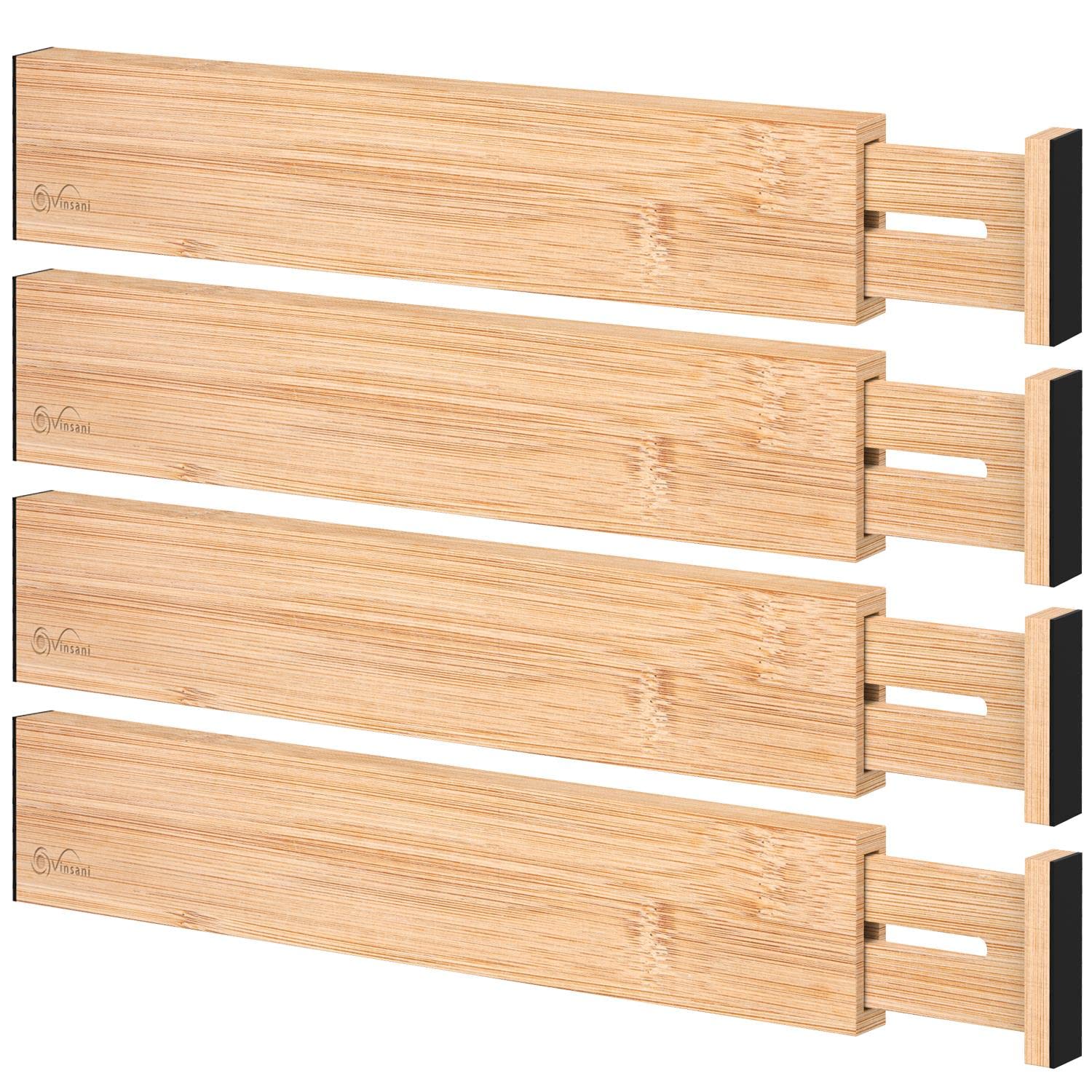Vinsani Bamboo Drawer Dividers Set of 4 Expandable Drawer Organiser Expandable Adjustable 42-56 cm Spring-Loaded Drawer 2.4in High Separator Partitions for Kitchen Utensils Clothes Tools Home Office