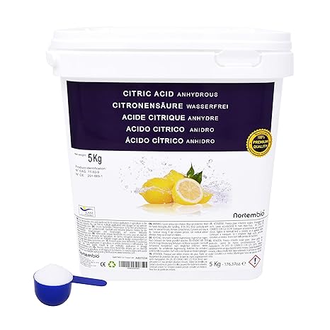 NortemBio Zitronensäure 5 Kg. Wasserfreies Citronensäure Pulver, 100% Reine. Für Ökologischen Produktion. Entwickelt in Deuts