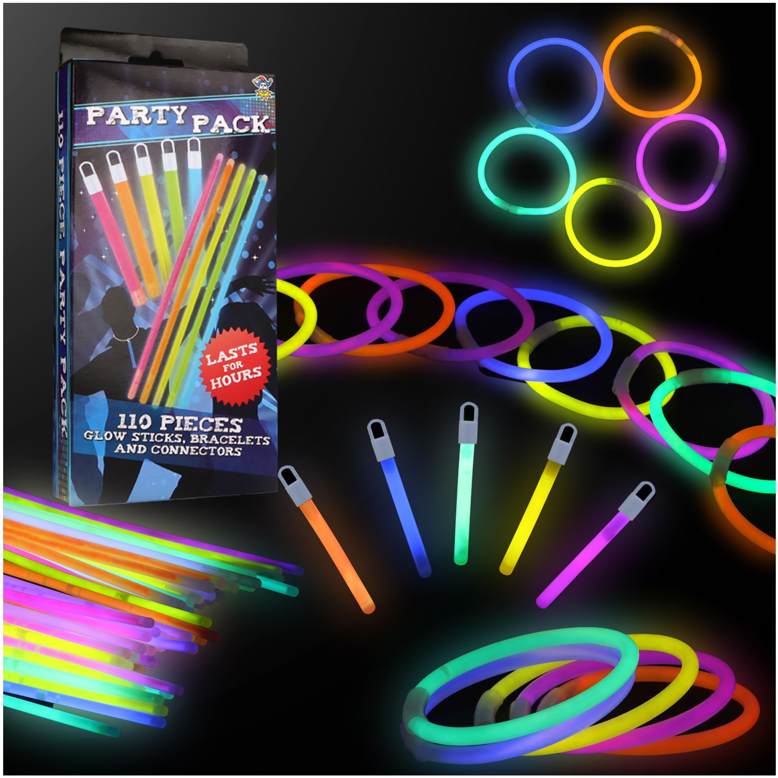 HENBRANDT Ultimate Glow Stick Party Pack 110 PCS - Multicolour LED Light Sticks Bracelets Connectors for Kids Adults Festivals Parties Raves Nighttime Events