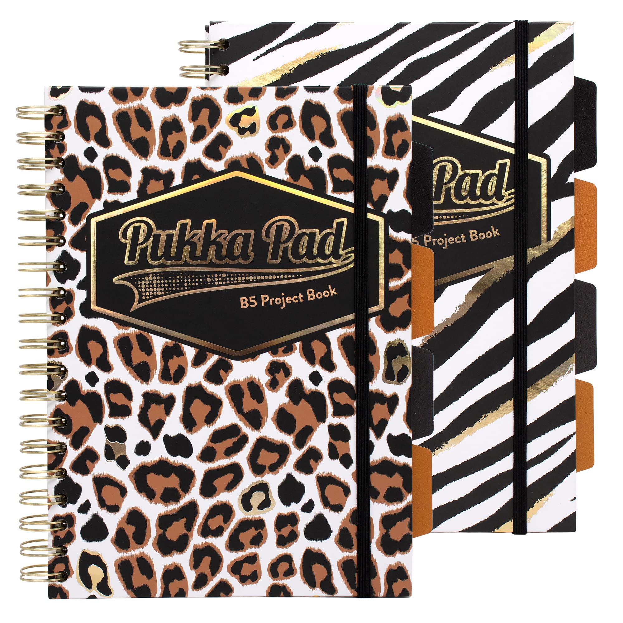 Pukka Pad, Wild B5 Hardback Project Book – Pack of 2 Wirebound Notebooks with Zebra and Leopard Print Design – Includes 4 Repositionable Dividers and Elasticated Closure