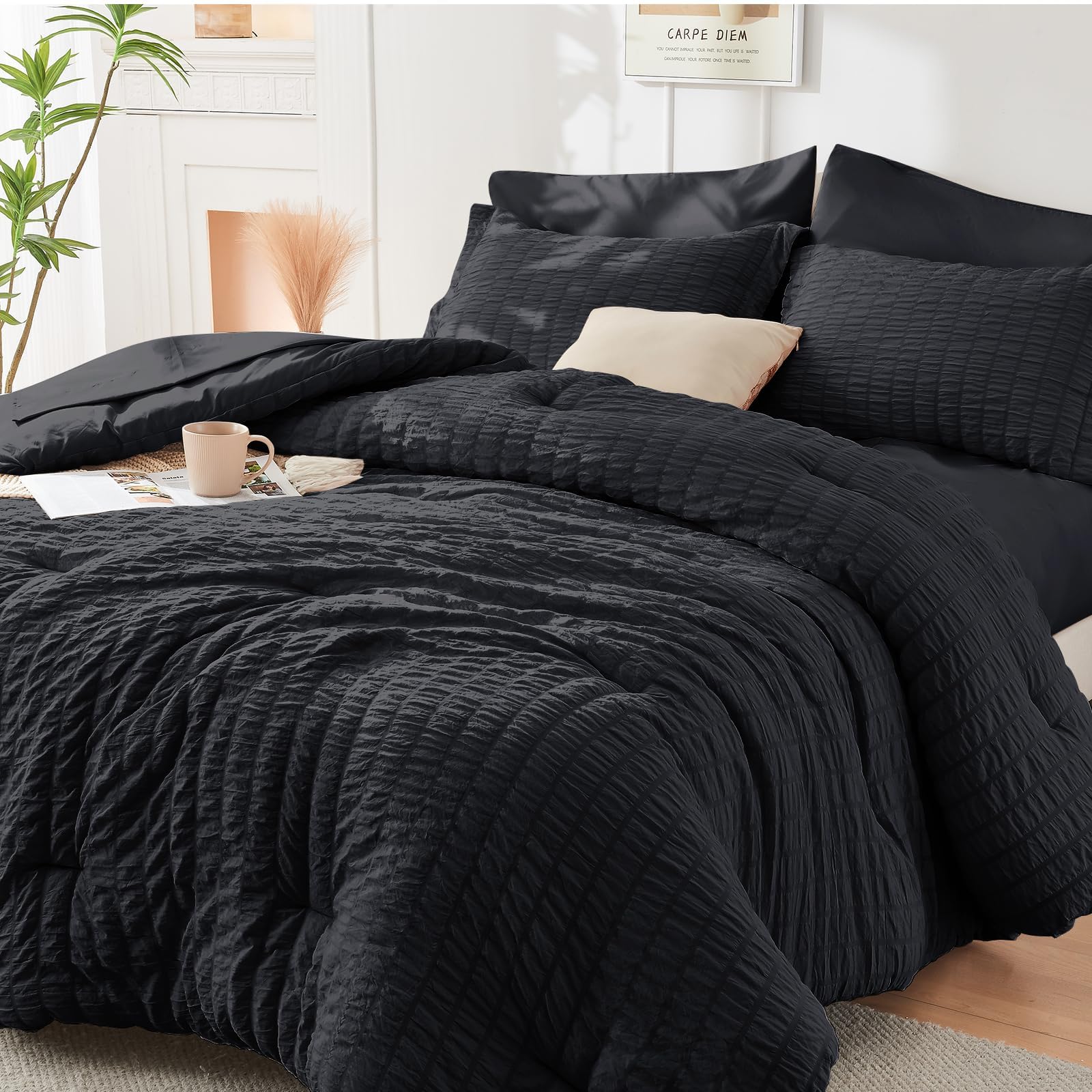HYMOKEGE Black Full Size Comforter Sets Seersucker