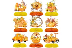 TARKLANDA 9 Pcs Autumn Honeycomb Centerpieces Party Decorate,Hello Fall Baby Shower Honeycomb Centerpiece Pumpkin Sunflowers Topper Honeycomb 3D Table Decoration for Thanksgiving Kids Birthday Party Supplies