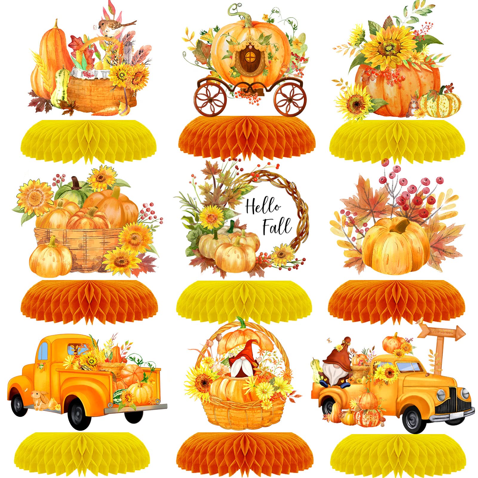 Photo 1 of 9 Pcs Autumn Honeycomb Centerpieces Party Decorate, Hello Fall Baby Shower Pumpkin Sunflowers Topper 3D Table Decoration for Thanksgiving Kids Birthday Party Supplies
