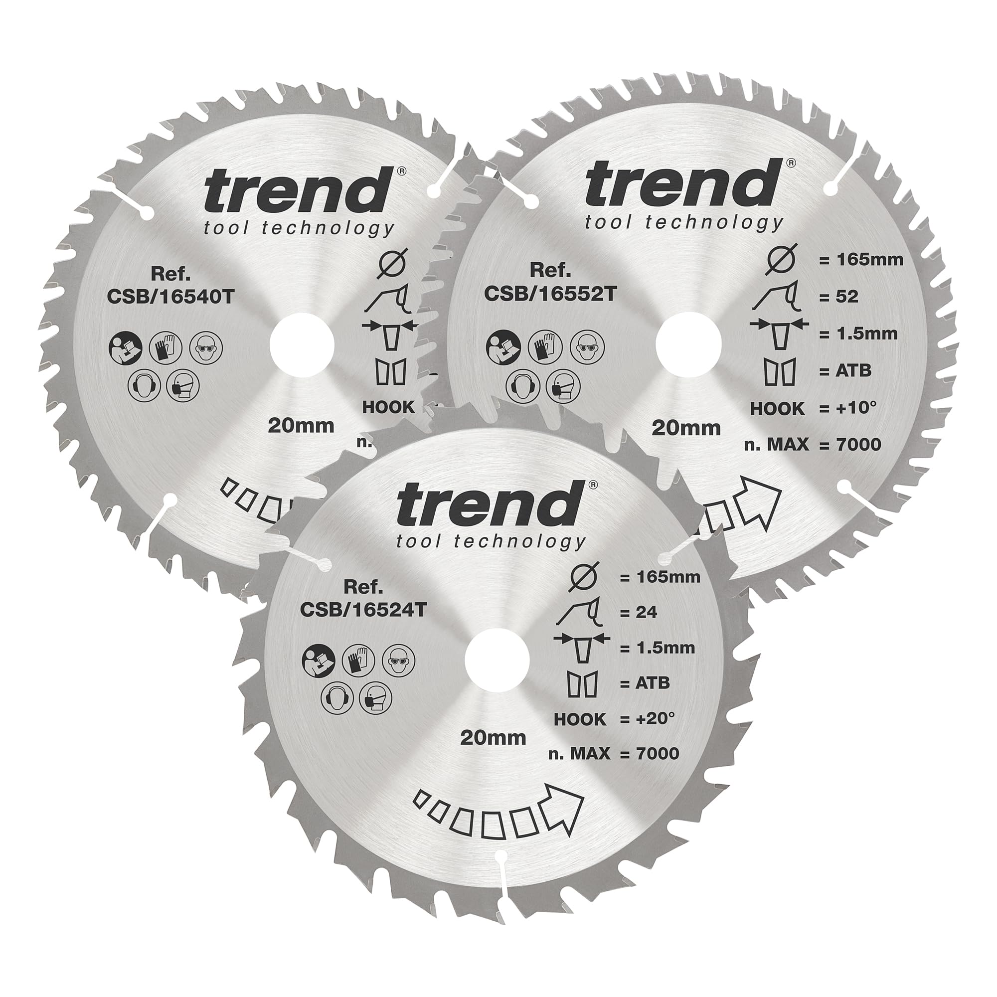 Trend Wood Cordless Circular Saw Blades, 165mm Diameter, 20mm Bore, 24/40/52 Teeth, 1.5mm Kerf, +15° Hook, TCT, Medium/Fine/Extra-Fine Finish, 3 Pack, CSB/165/3PK/B