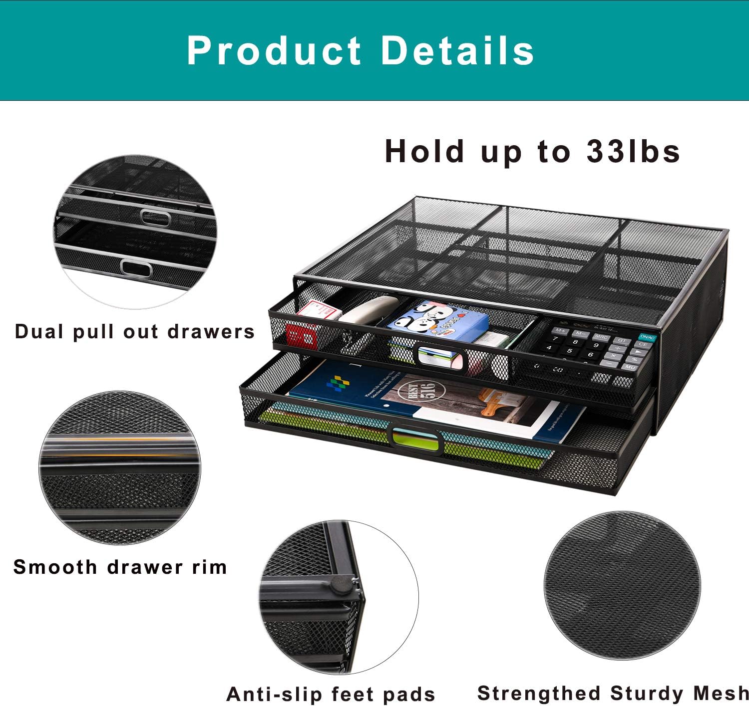 Monitor Stand Riser with Drawer - Metal Mesh Desk Organizer with Dual Pull Out Storage Drawer, Office Supply for Computer, PC, Laptop, Printer, Notebook, iMac (Black) : Office Products
