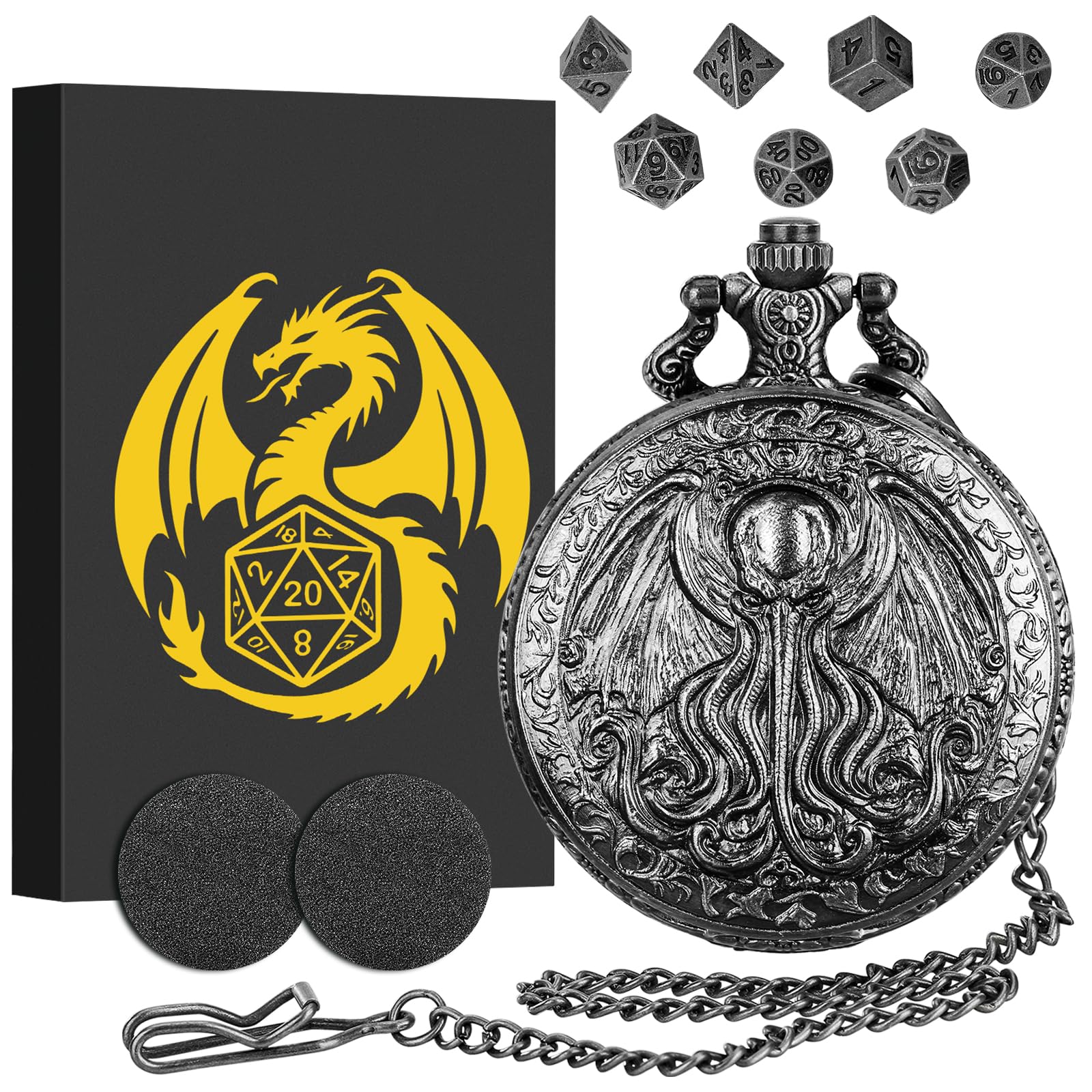 Mini DND Dice Set with Steampunk Octopus with Wings Pocket Watch Shell Case, 7pcs Polyhedral Metal Dice Set, DND Starter Set, D&D Gifts with Gift Box, Role Playing Board Game Accessories, Silver