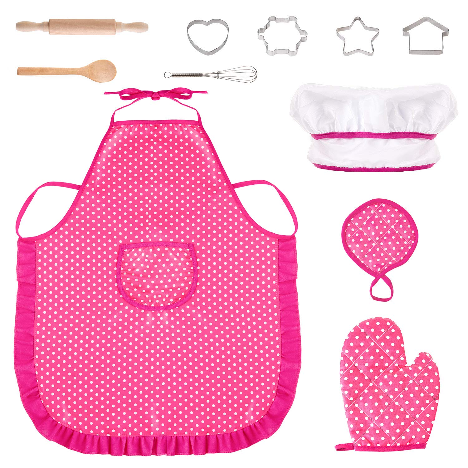 Comius Sharp Chef Set Kids Aprons, 11 Pcs Kids Chef Set, Children Cooking and Baking Set, Childrens Role Play Set with Dress up Costume and Kitchen Accessories.(red)