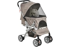 PawHut 4 Wheels Pet Stroller w/Reversible Handle, Foldable Dog Cat Travel Carriage w/EVA Wheels Basket Storage Bag 3-stage Ca