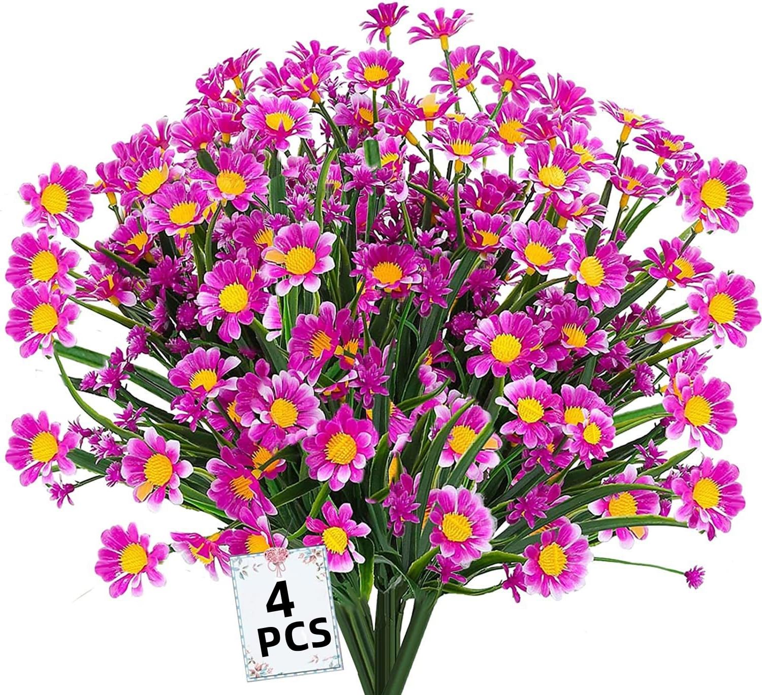4PCS Artificial Daisy Flowers Outdoor Spring Summer Decoration UV Resistant Fake Flowers Faux Plastic Greenery Shrub Plant Indoor Outside Hanging Garden Home Porch Wedding Party Decor (Fuchsia)