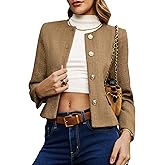 ELLEVEN Women's Cropped Tweed Blazers Collarless Button Down Jacket Business Casual Outfits with Flap Pockets