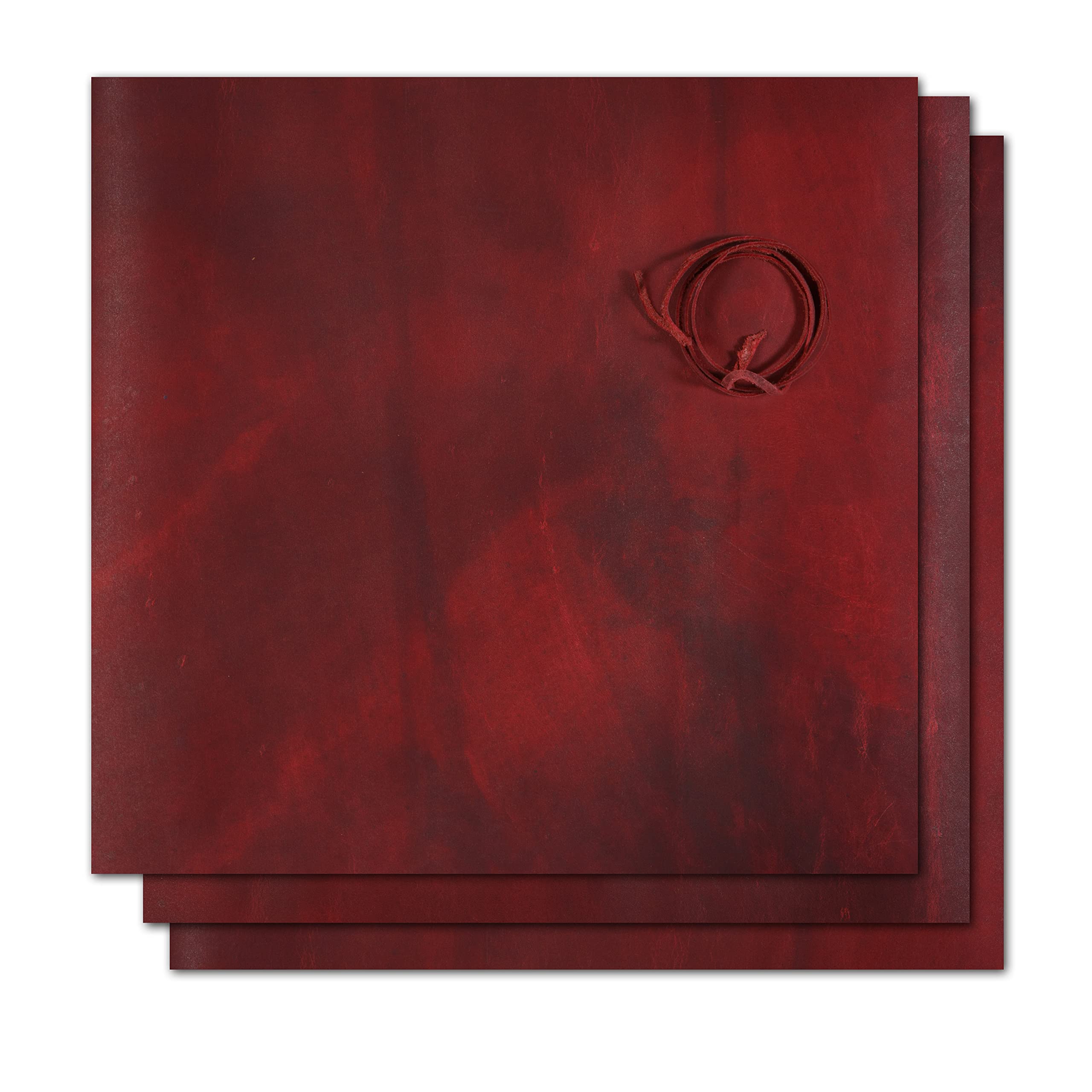 Wanderings Red Leather Sheets for Crafts – 3 Sheets (30x30 cm) + Cord (91cm) - Genuine Full Grain Buffalo Leather Squares - Great for Jewelry, Wallets, Leatherworking Arts and Crafts