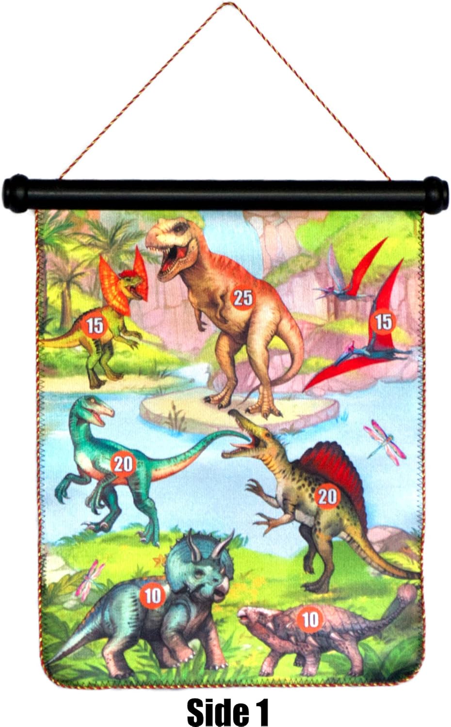 Dinosaur Magnetic Dart Board Game Set for Kids and Adults | 17 x 14 inch Double Sided Dartboard and 6 Magnetic Darts | Dinosaur Theme on Front and Standard Board on Reverse | Indoor and Outdoor Play : Sports & Outdoors