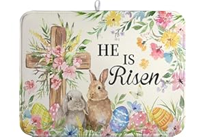 Wnoesat Easter He Is Risen Bunny Dish Drying Mat for Kitchen Counter Spring Easter Cross Floral Eggs Drying Pad 18x24 In Micr