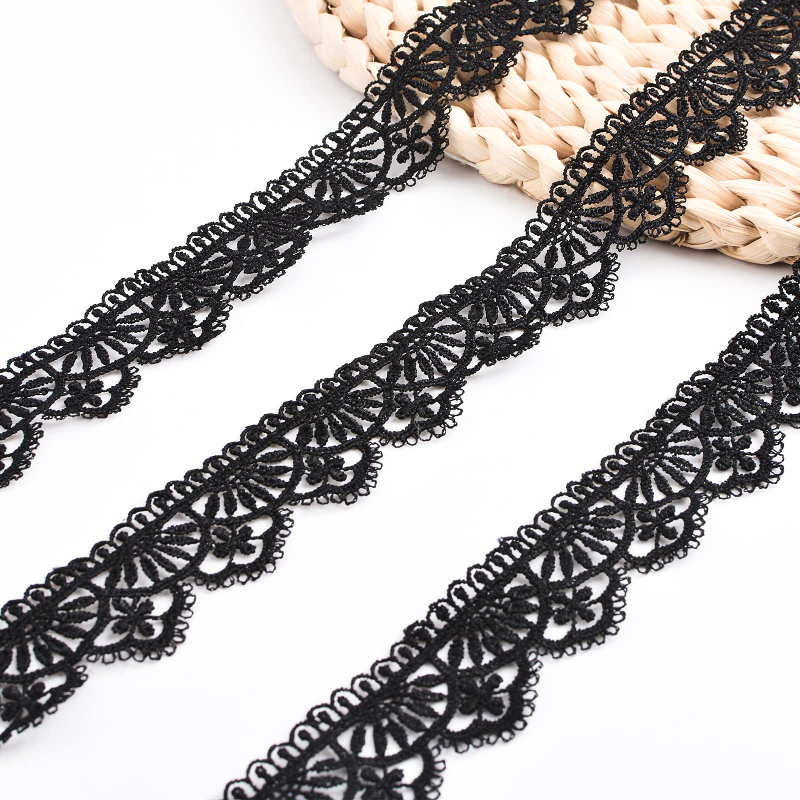 URROMA Black Lace Trim, 14 Yards Vintage Embroidery Floral Lace Fabric for Sewing Gift Wrap Wedding Decor DIY Crafts Home Decor