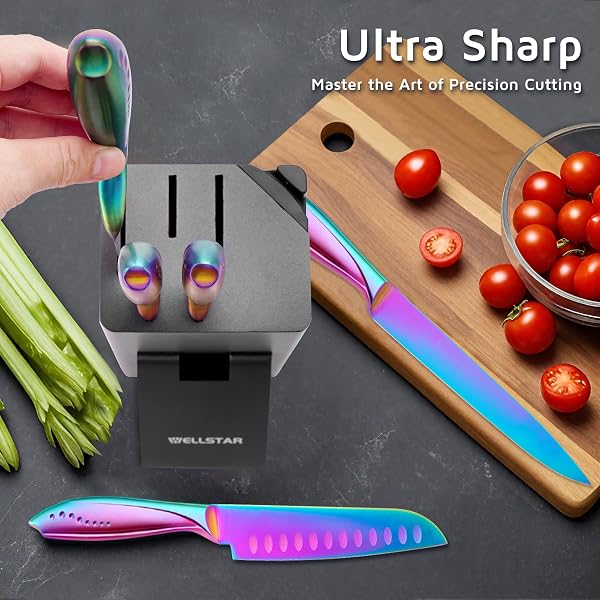 WELLSTAR RAINBOW KNIFE SET 8 PIECES, IRIDESCENT GERMAN STAINLESS STEEL KITCHEN KNIVES SET WITH WOODEN BLOCK, COLORFUL TITANIUM COATING, CHEF’S KNIFE BLOCK SET WITH SCISSORS AND BUILT-IN SHARPENER
