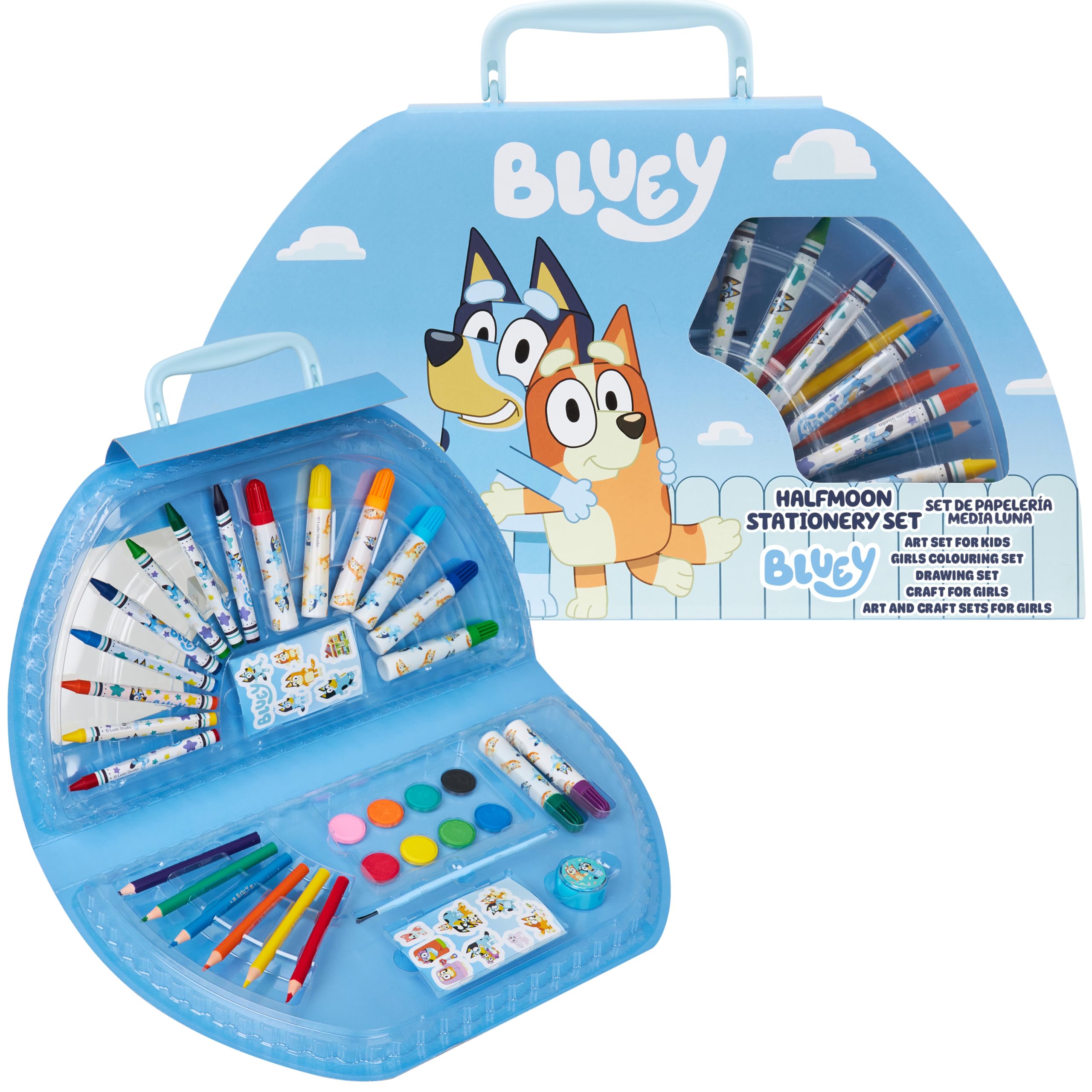 Bluey Art Set for Kids Colouring Pencils Paints Felt Tip Pens Crayons Stationery Crafts Girls Boys Art Supplies Preschool Travel 40 Plus Pcs Gift Set (Blue Halfmoon Case)