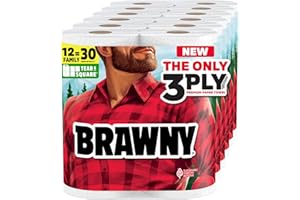 Brawny Tear-A-Square 3-Ply Paper Towels, 12 XL Family Rolls = 30 Regular Rolls, Strong, Absorbent, and Durable with 3 Sheet Sizes (Quarter, Half, Full)