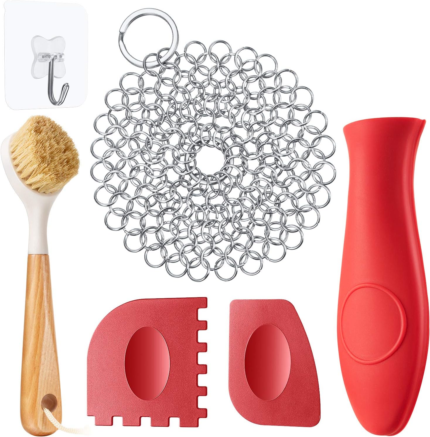 6 Pieces Cast Iron Cleaner Set Include Stainless Steel Chainmail Scrubber Long Handle Dish Scrub Brush Red Hot Handle Holder 2 Pan Grill Scrapers and Wall Hook