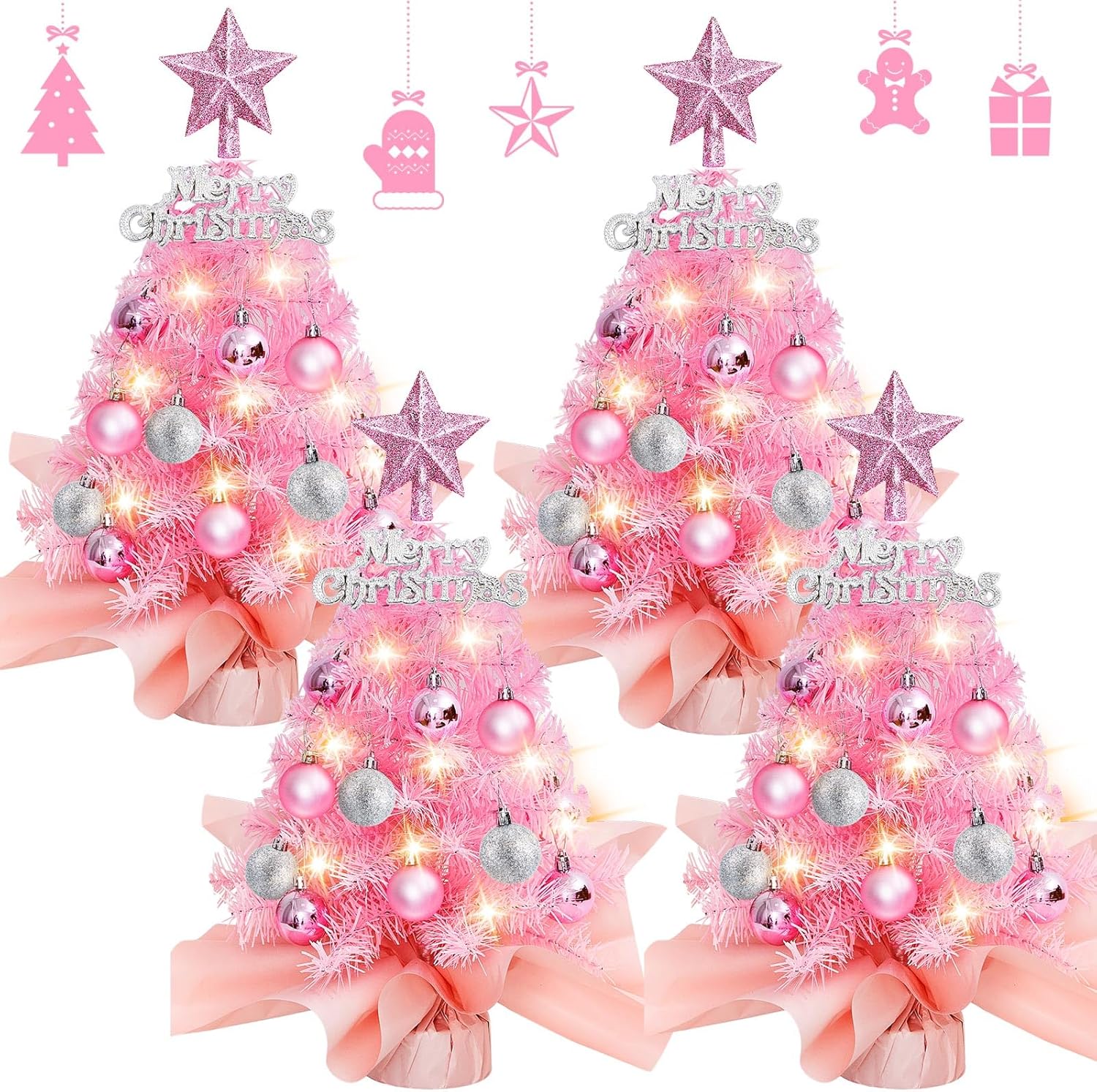Trees - Syhood 4 Pack Mini Pink Christmas Tree Set Tabletop Christmas Tree Small Christmas Tree with Lights 18inch Christmas Tree Christmas Holiday Decoration for Home Office Party