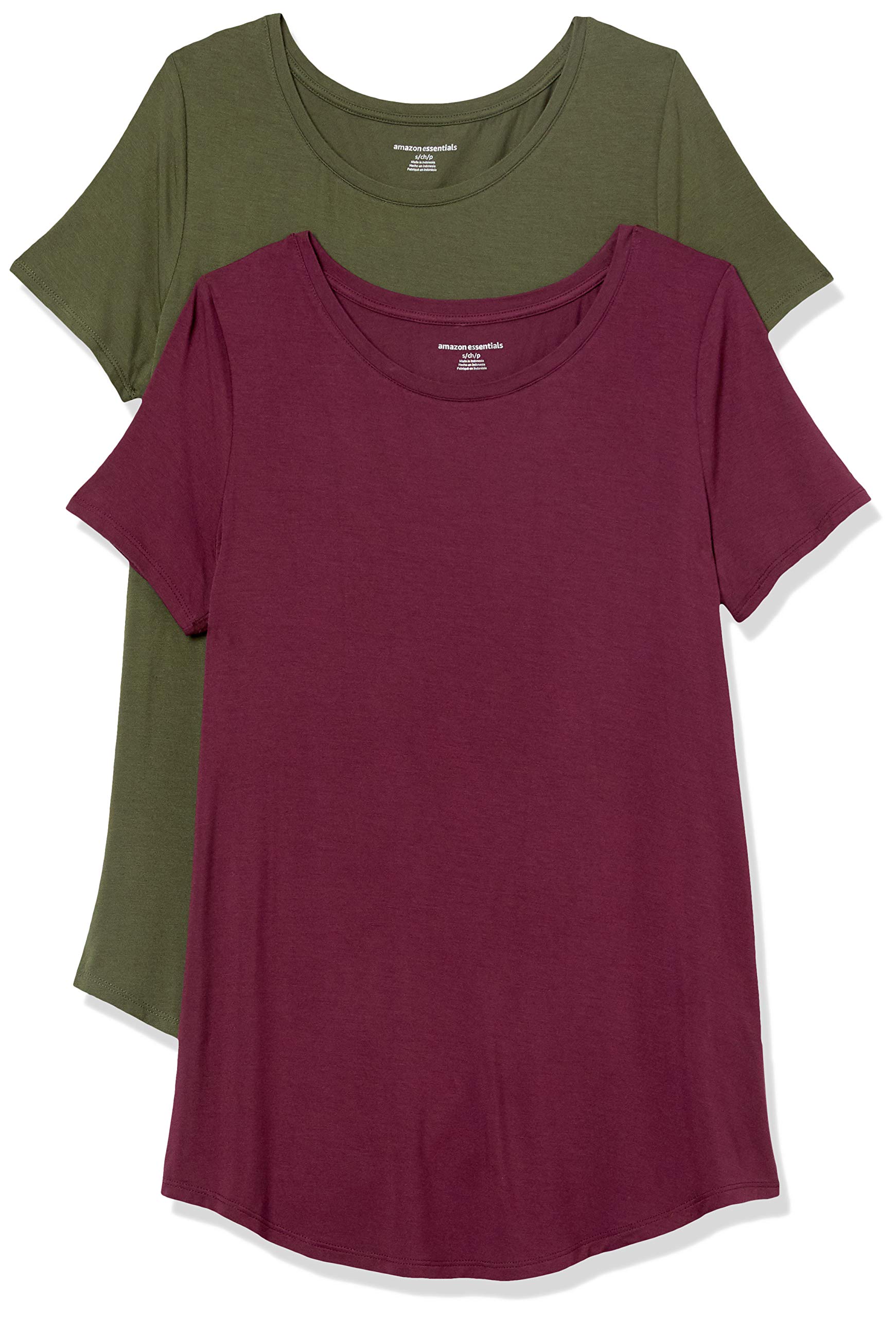Photo 1 of    pack of 2Amazon Essentials Women's Short-Sleeve Scoopneck Tunic, Pack of 2, Burgundy/Dark Olive, X-Small