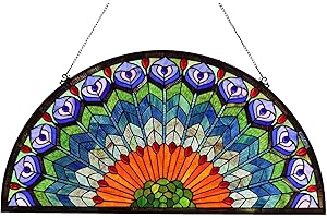 Bieye W10034 Peacock Feather Tiffany Style Stained Glass Window Panel Hangings with Chain, 36 inches Wide Half Round Shape