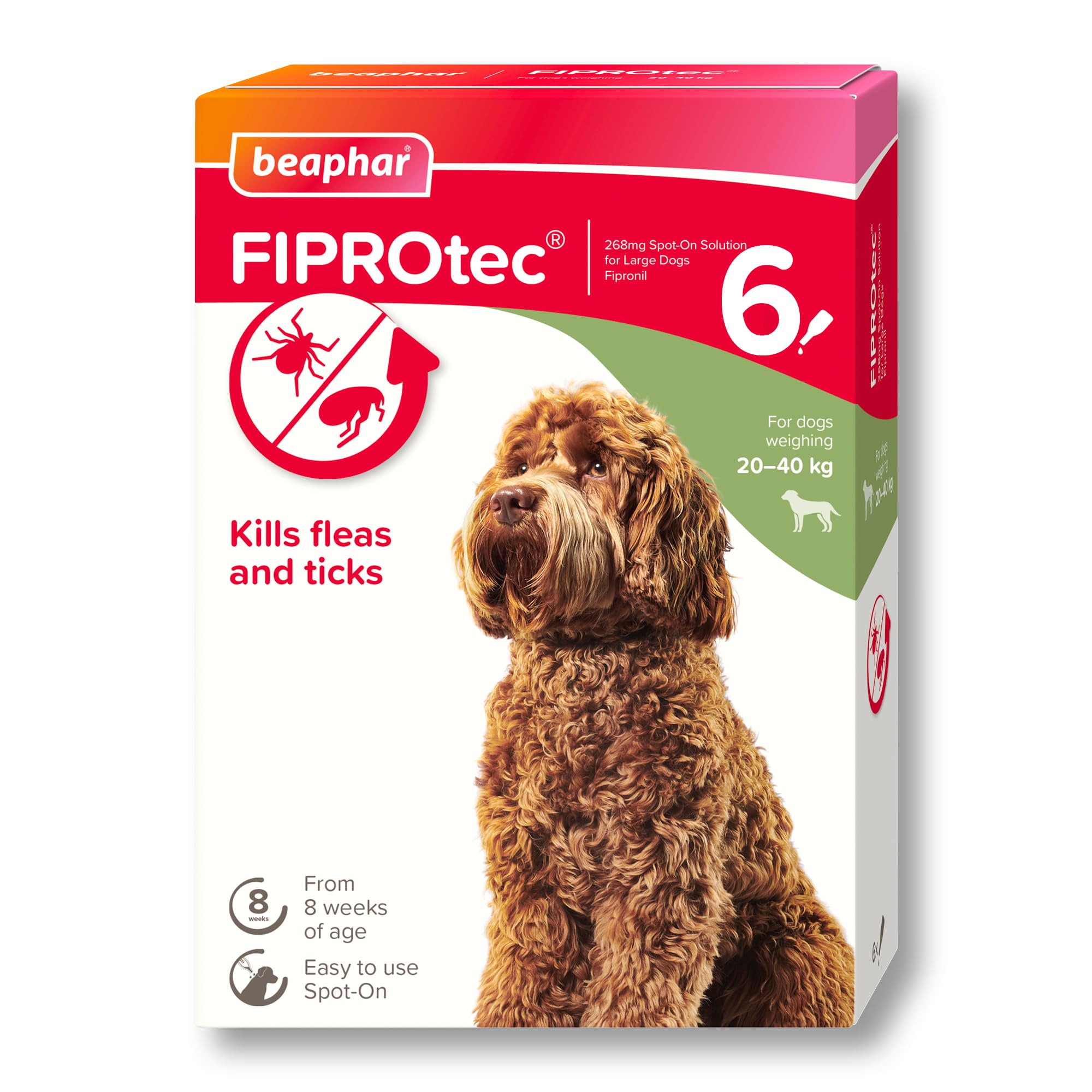 Beaphar - FIPROtec Spot-On Flea & Tick Treatment for Large Dogs 20-40kg – 6 Pipettes - Kills Fleas & Ticks - Veterinary Medicine - Easy to Apply Monthly - Suitable for Dogs & Puppies from 8 Weeks