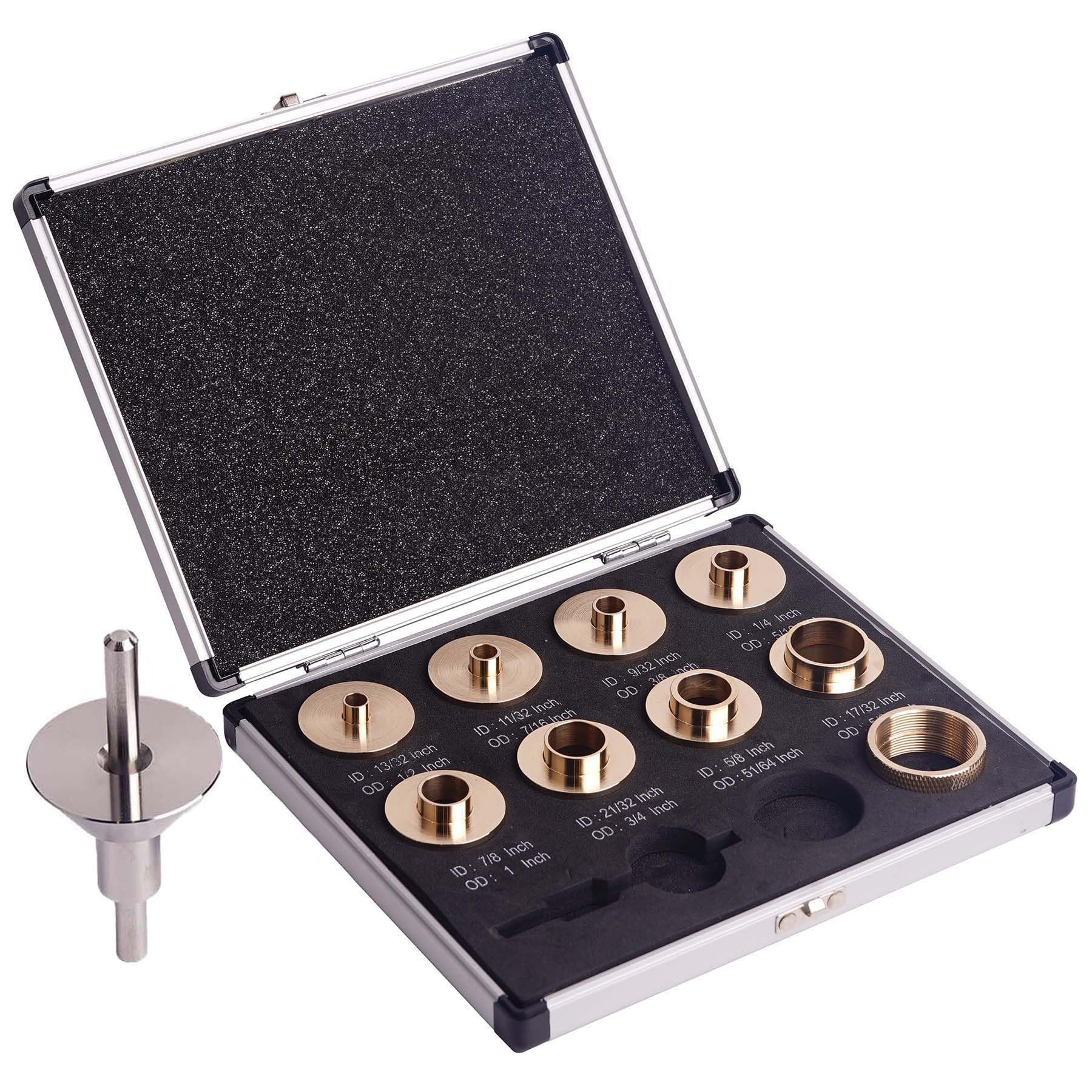 SpeTool Brass Router Template Bushing Guide Set with Centering Pin and Aluminum Case, 10-Piece Set Compatible with Porter Cable Style Router Sub Bases