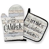 OHSUL Camper Gifts Oven Mitts and Pot Holders Sets, Camping Rv Kitchen Decor Accessories, Happy Camper Rustic Camping Heat Resistant Oven Gloves Hot Pads for Kitchen Cooking Baking BBQ