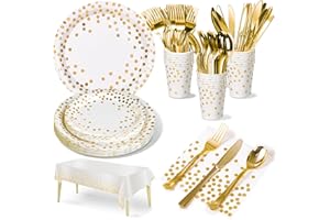 Nkaiso 141 Pieces White Gold Party Supplies, Party Dinnerware Sets Include Paper Plates Napkins Cups Silverware, for Wedding 