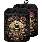 GOOZHO Dark Vintage Floral Bee Pot Holders with Pockets, Bee Kitchen Decor, Dark Cottagecore Gothic Bumblebee Oven Pot Holders Heat Resistant Oven Mitts Hot Pads for Kitchen Baking Cooking
