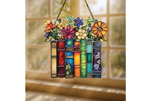 GIKZO Flower and Books Bookish Acrylic Suncatcher Stained Glass Effect Window Car Hanging Christmas Ornament Indoor Outdoor Decor Garden Bookworm Sun Catcher Book Lover for Women Mom Grandma