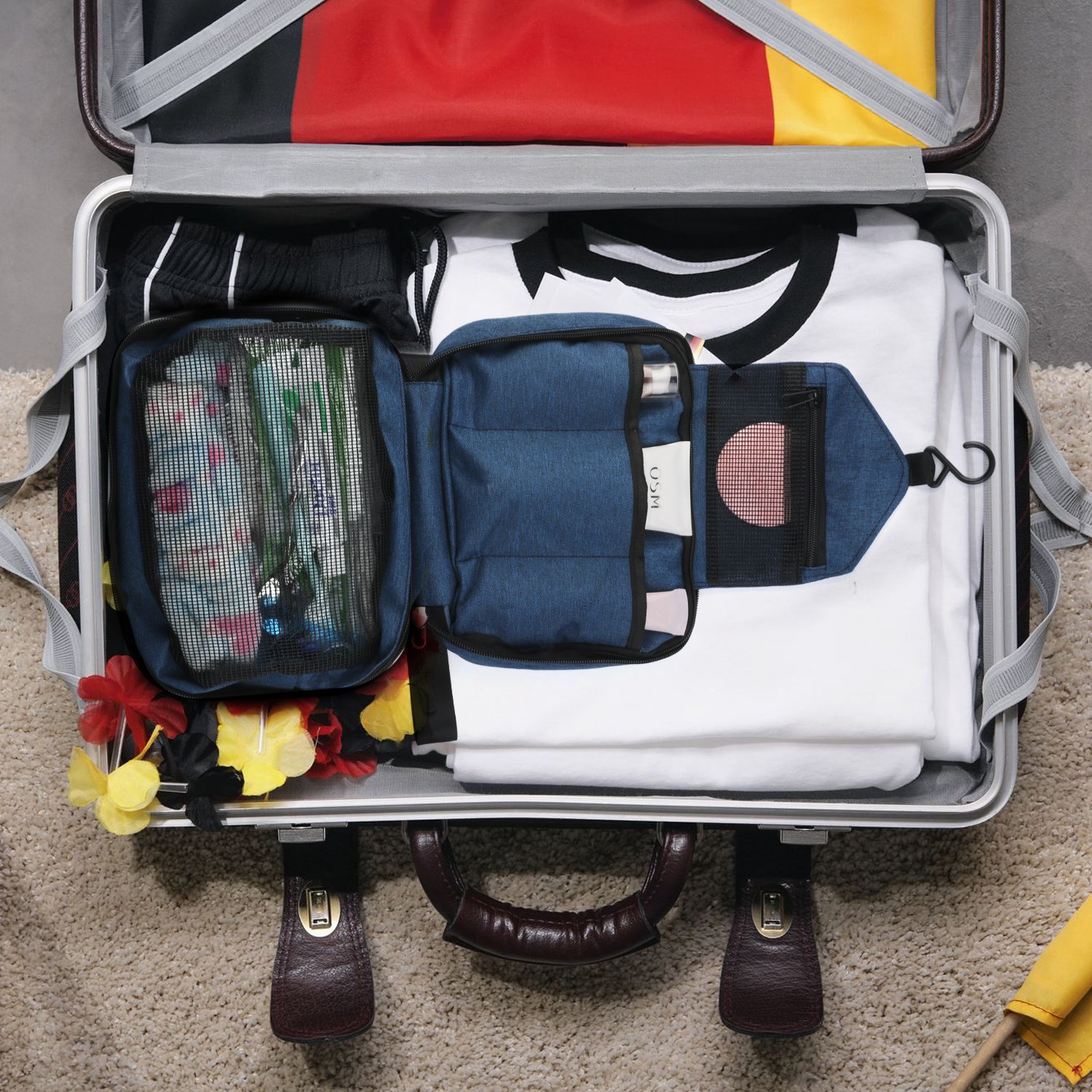 Vivefox Hanging Toiletry Bag Travel Kit Bathroom Bag Cosmetic Makeup Organizer Shaving Kit for Men & Women (3-Layer, Navy blue)