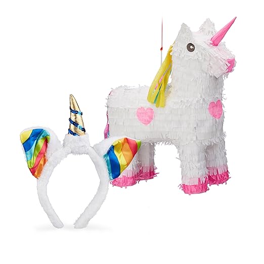 Relaxdays 2 Teiliges Einhorn Set, Pinata Einhorn, Haarreif Unicorn, Kinderhaarreif Regenbogeneinhorn, Geburtstagsdeko für Kin