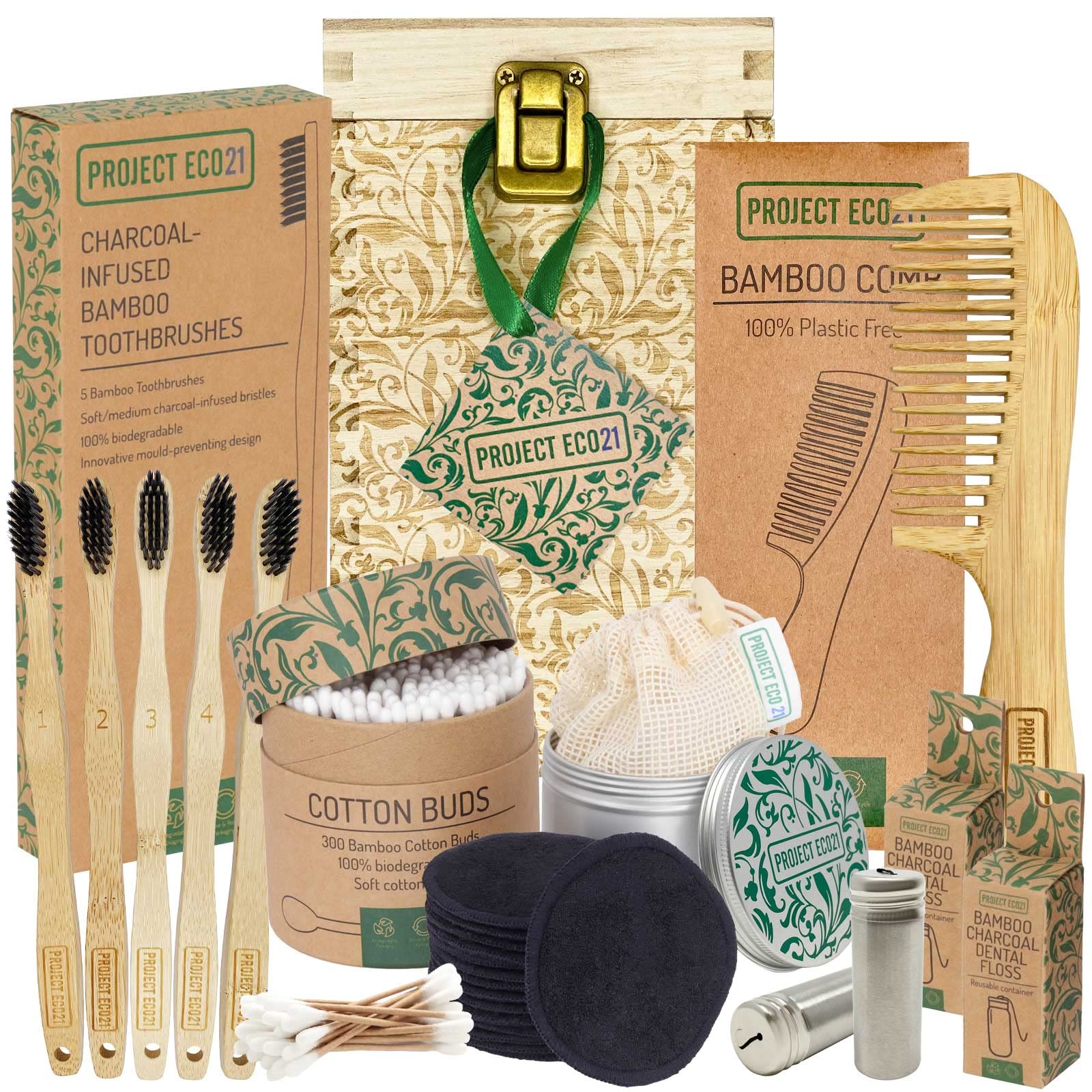 Project Eco21 Eco Friendly Products Gift Set - Reusable Cotton Pads, Bamboo Toothbrushes, Bamboo Cotton Buds and More Daily Essentials in a Reusable Wooden Storage Box