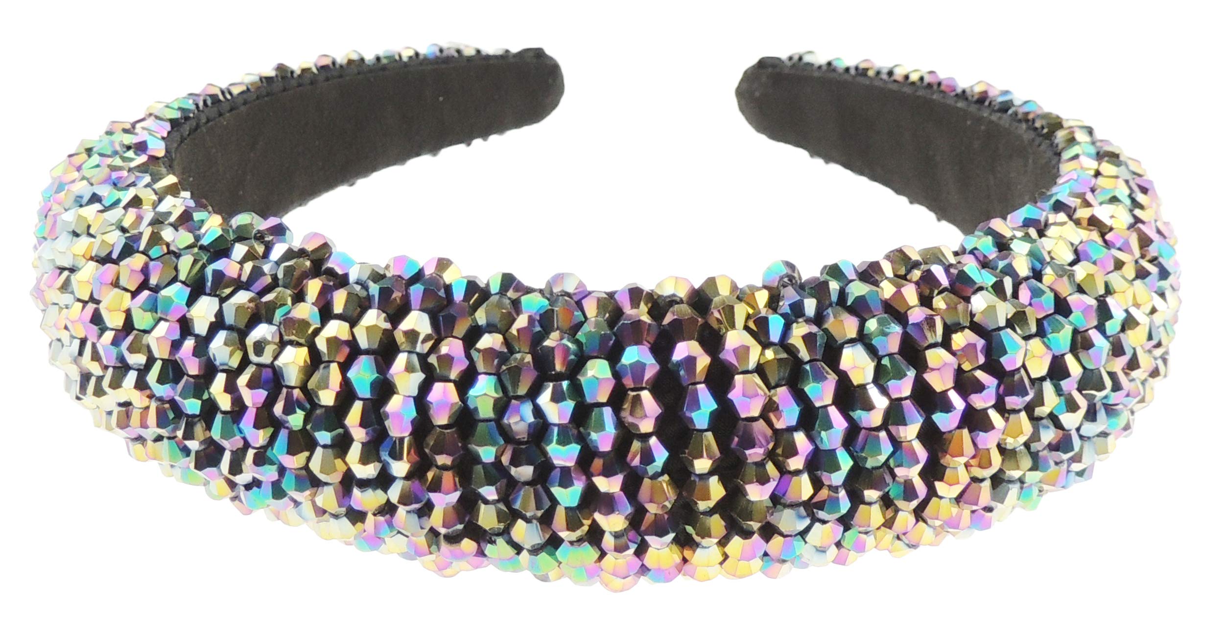 Womens Sparkly Beaded Rhinestone Embellished Jeweled Crystal Wide Bump Thick Padded Evening Formal Occasion Christmas Birthday Wedding Bridal Party Headband Hair Alice Band Hairband (Black AB)