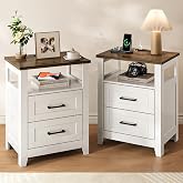 Decofy Farmhouse 2-Drawer Nightstand Set of 2 with Charging Station, White | Open Shelves, AC Outlets, USB And Type C Ports, Rustic Farmhouse Bedside Tables, Storage For Small Items