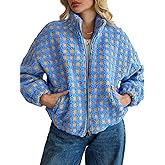 Oymyakon Women Checkered Sherpa Jacket Cropped Long Sleeve Fuzzy Plaid Fleece Coats Casual Zip Up Gingham Outwear