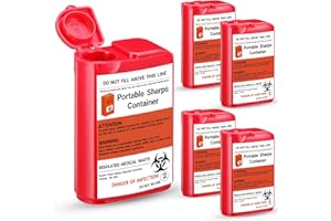 Baderke 5 Pack Pocket Travel Sharps Disposal Container Sharps Containers for Home Use Small 80 Ml Container Diabetic Supplies Easy to Use for Diabetic Needles, Lancets, Strips (Red)